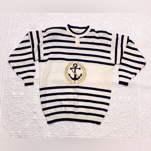 Vintage 90s Womens Sweater Nautical Anchor Striped Oversized M NWT